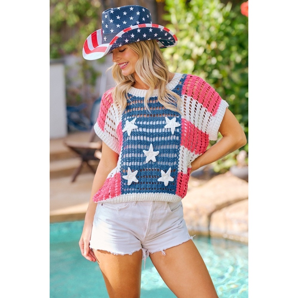 BiBi Crochet Star Patches 4th Of July Sweater Cover Up - XL